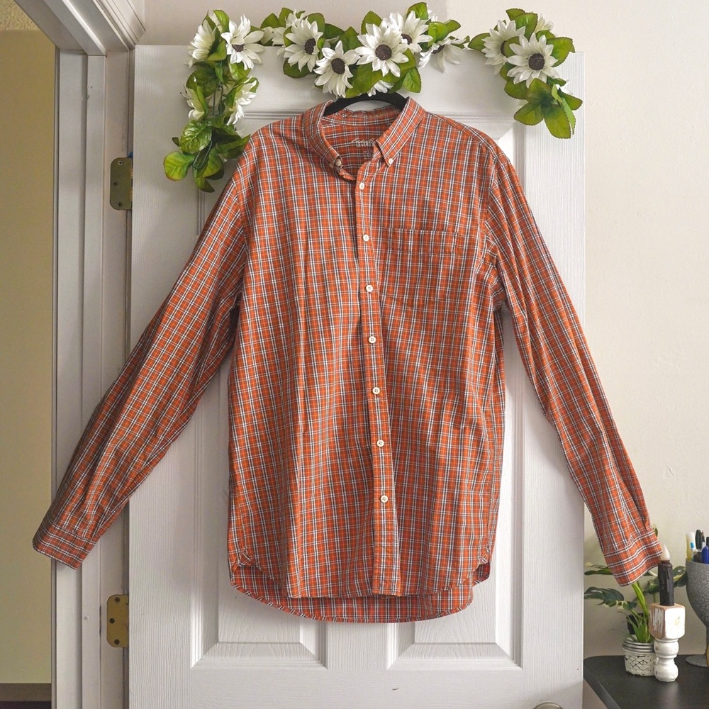 Eddie Bauer Plaid Button Up Long Sleeve Legend Wash Orange Mens L Tall